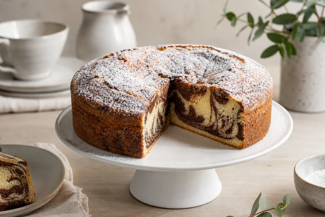 Kleiner runder Marmorkuchen auf einem Kuchenständer, ein Stück herausgeschnitten mit deutlicher Schoko-Vanille-Marmorierung, mit Puderzucker bestäubt
