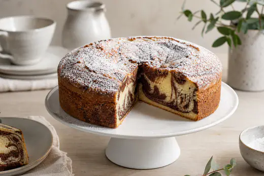 Kleiner runder Marmorkuchen auf einem Kuchenständer, ein Stück herausgeschnitten mit deutlicher Schoko-Vanille-Marmorierung, mit Puderzucker bestäubt