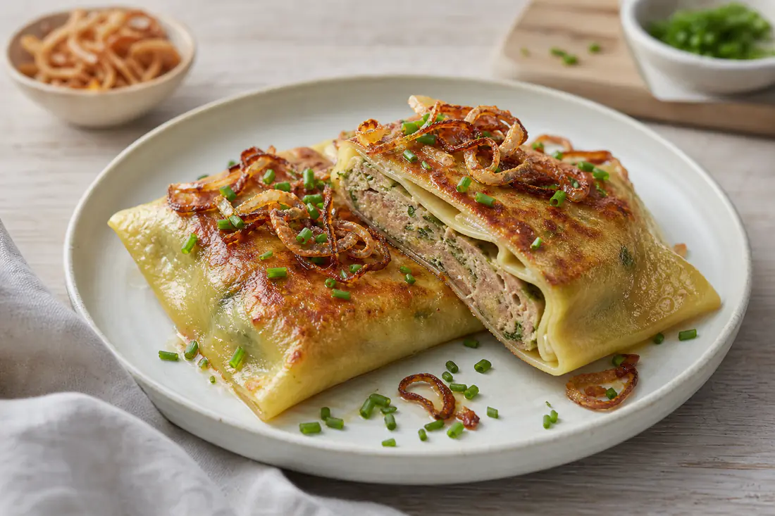 Geröstete goldbraune Maultaschen mit knusprigen Rändern auf einem Teller, mit Röstzwiebeln und Schnittlauch bestreut