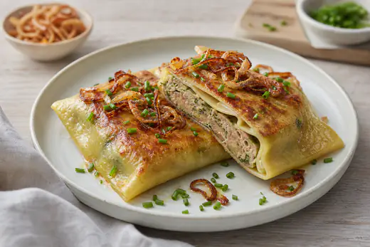 Geröstete goldbraune Maultaschen mit knusprigen Rändern auf einem Teller, mit Röstzwiebeln und Schnittlauch bestreut