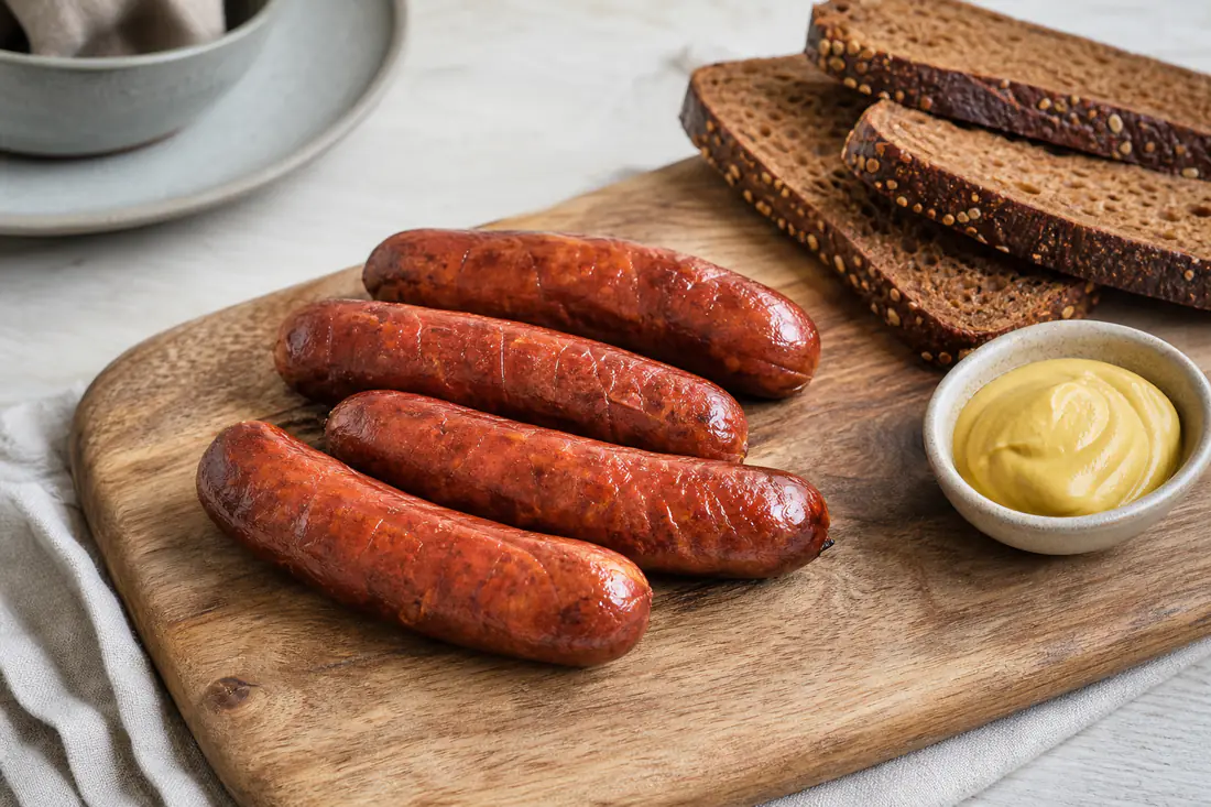 Vier gebräunte Mettenden auf einem Holzbrett, dazu ein Schälchen Senf und Scheiben dunkles Roggenbrot