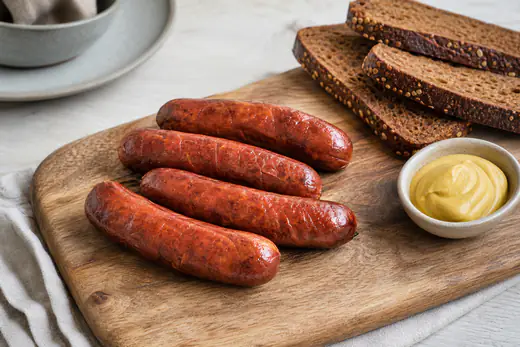 Vier gebräunte Mettenden auf einem Holzbrett, dazu ein Schälchen Senf und Scheiben dunkles Roggenbrot