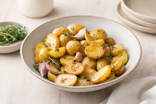 Goldbraun geröstete Mini-Kartoffeln, ganz und halbiert, mit Thymianzweigen und ungeschälten Knoblauchzehen in einer rustikalen Schüssel