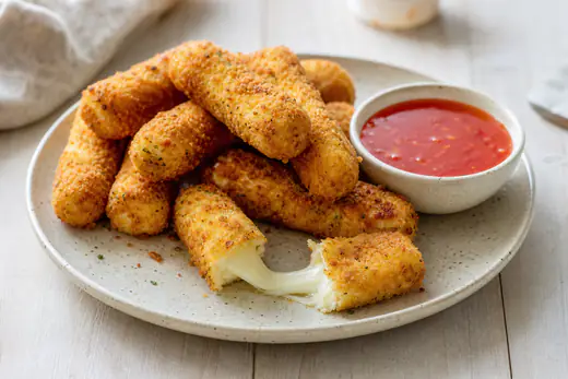 Goldbraun panierte Mozzarella Sticks, einer aufgebrochen mit langen Käsefäden, dazu ein Schälchen rote Sweet-Chili-Soße