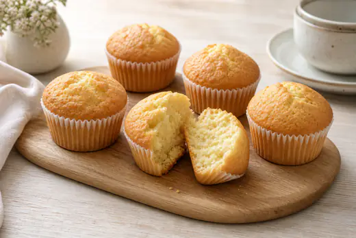 Sechs Vanille-Muffins mit goldenen gewölbten Köpfen in Papierförmchen auf einem Holzbrett, einer aufgebrochen