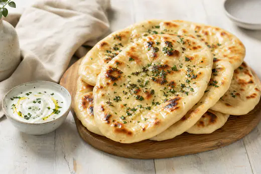 Mehrere ovale Naan-Brote mit goldbraunen Blasen, bestrichen mit Knoblauchbutter und Petersilie, auf einem Brett