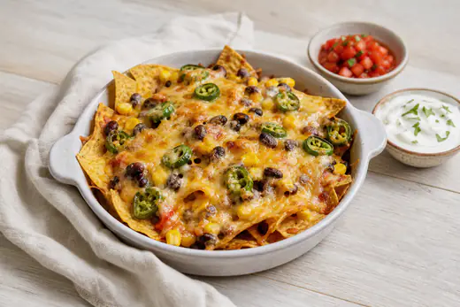 Überbackene Nachos in runder Auflaufform mit Käse, Jalapeños, schwarzen Bohnen und Mais, dazu Salsa und saure Sahne