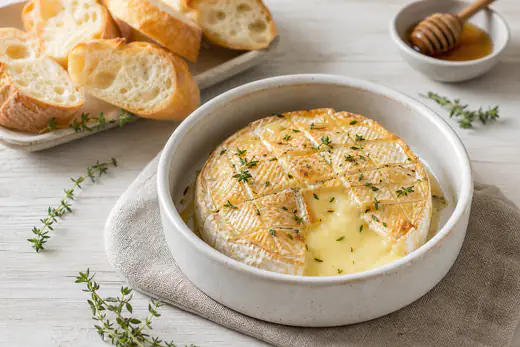 Aufgeschnittener Ofenkäse mit goldbrauner Oberfläche und fließendem Kern in einer kleinen Form, dazu Baguettescheiben, Honig und Thymian