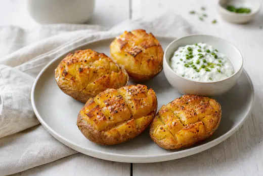 Vier Hälften großer Ofenkartoffeln mit eingeschnittener goldener Kruste und knuspriger Schale, dazu Kräuterquark mit Schnittlauch