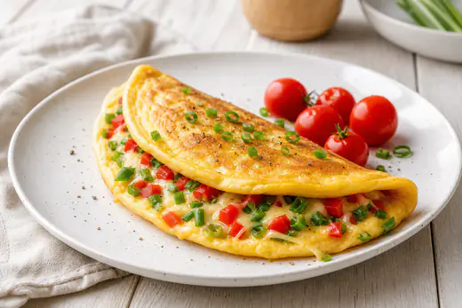 Zusammengeklapptes Omelett mit Paprikawürfeln, Frühlingszwiebeln und geschmolzenem Käse auf einem weißen Teller, mit Kirschtomaten
