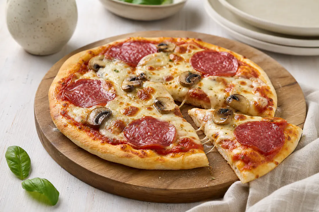 Kleine runde Pizza mit Mozzarella, Salami und Champignons und goldenem Rand auf einem Holzbrett, ein Stück leicht abgezogen