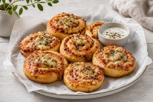 Goldbraune Pizzaschnecken mit geschmolzenem Käse, Tomatensoße und Oregano, spiralförmig aufgerollt, auf einem Backpapier