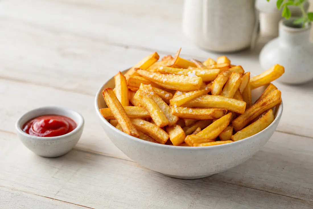 Selbstgemachte goldgelbe Pommes frites aus frischen Kartoffeln, gesalzen in einer Schüssel, dazu ein Schälchen Ketchup