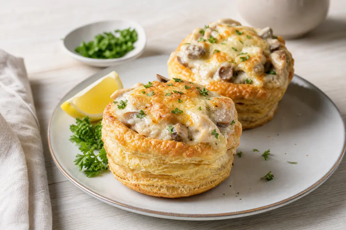 Goldbraun überbackene Blätterteigpasteten mit cremigem Ragout fin aus Hähnchen und Champignons, dazu Zitronenspalte und Petersilie auf einem Teller