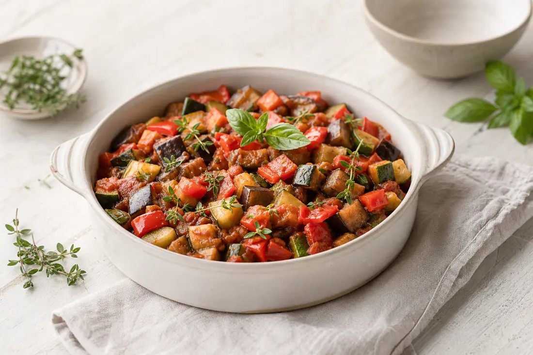 Ratatouille mit Auberginen-, Zucchini-, Paprika- und Tomatenwürfeln in einer runden ofenfesten Form, mit Thymian und Basilikum