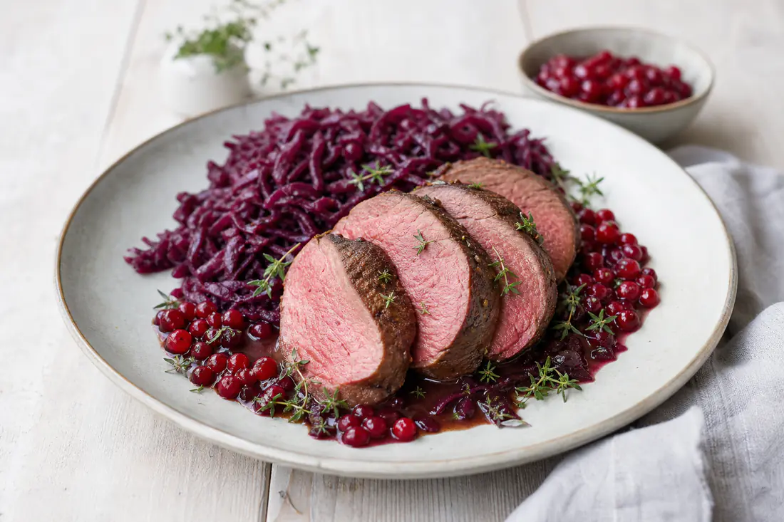 Rosa gebratener Rehrücken in dicke Scheiben geschnitten auf einem Teller, dazu Rotkohl, Preiselbeeren und Thymian