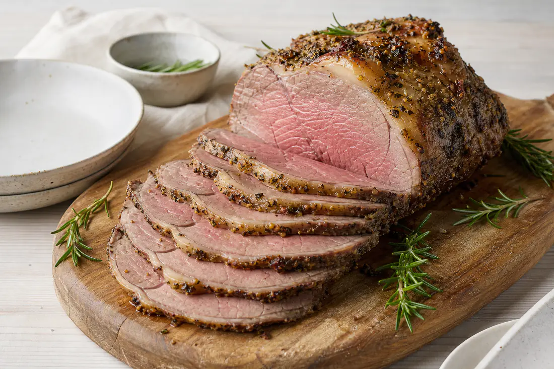 Roastbeef mit Fettkappe und Kräuter-Senf-Kruste in dünne rosa Scheiben geschnitten, auf einem Holzbrett mit Rosmarin