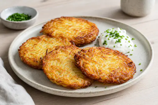 Vier runde goldbraune knusprige Kartoffelrösti auf einem Teller, mit einem Klecks Quark und gehacktem Schnittlauch