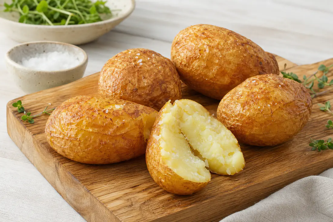 Mehrere ganze Kartoffeln mit knuspriger Schale, eine längs aufgeschnitten mit lockerem Inneren und grobem Salz, auf einem Holzbrett