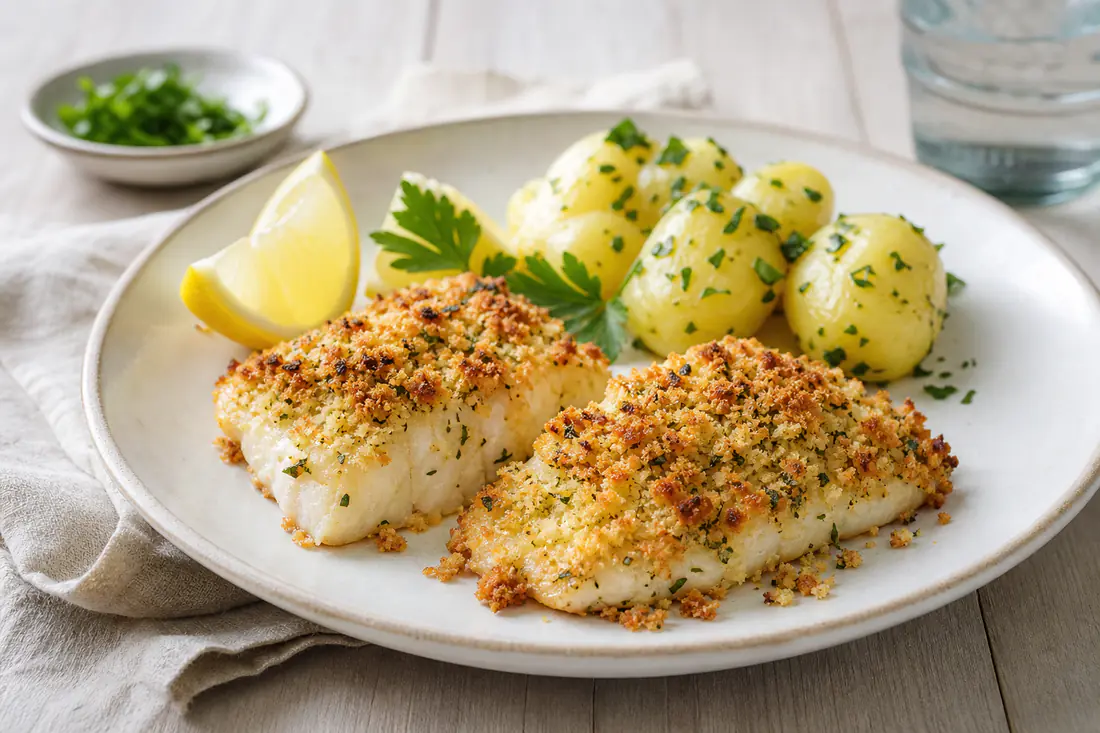 Zwei goldbraun überbackene Fischfilets mit Kräuter-Panade-Topping auf einem Teller, dazu Zitronenspalten und Petersilienkartoffeln