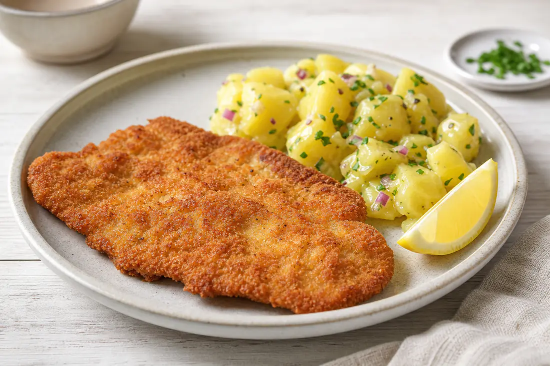 Goldbraunes paniertes Schweineschnitzel mit knuspriger Panade, dazu Zitronenspalte und Kartoffelsalat auf einem Teller