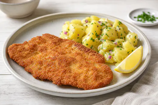 Goldbraunes paniertes Schweineschnitzel mit knuspriger Panade, dazu Zitronenspalte und Kartoffelsalat auf einem Teller