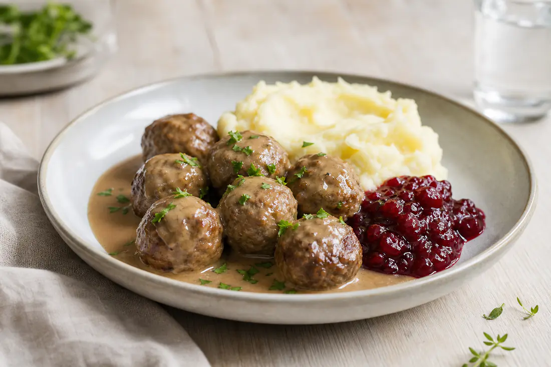 Schwedische Köttbullar mit brauner Rahmsoße, Kartoffelpüree und Preiselbeeren