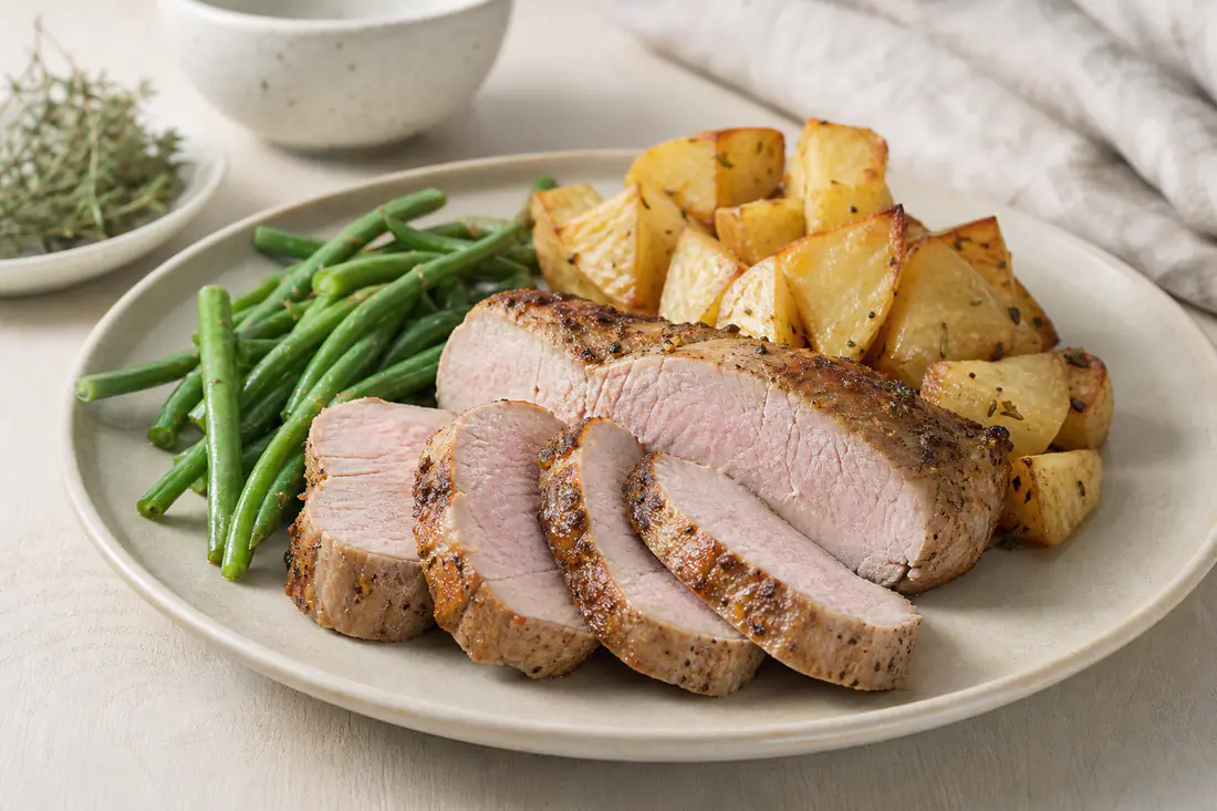 Dicke Scheiben gebratenes Schweinefilet mit zartrosa Kern, fächerförmig auf einem Teller mit Ofenkartoffeln und grünen Bohnen