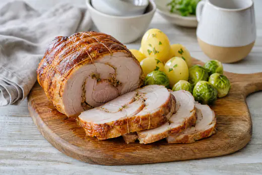 Aufgeschnittener Rollbraten mit Küchengarn und goldbrauner Kruste auf einem Holzbrett, dazu Salzkartoffeln und Rosenkohl
