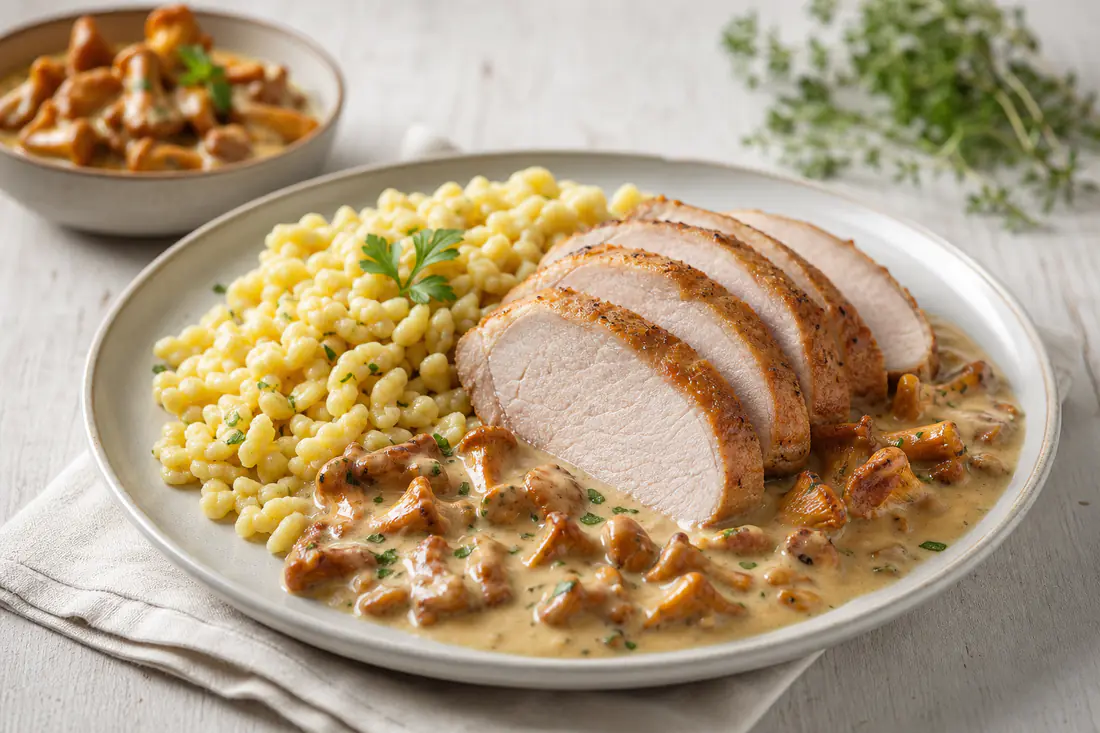 Aufgeschnittener Schweinerückenbraten mit goldener Kruste auf einem Teller, dazu cremige Pfifferlingsoße und Spätzle