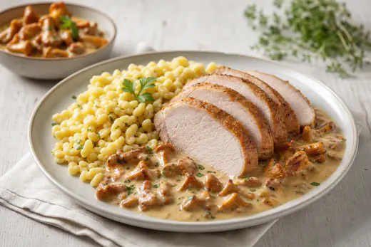 Aufgeschnittener Schweinerückenbraten mit goldener Kruste auf einem Teller, dazu cremige Pfifferlingsoße und Spätzle