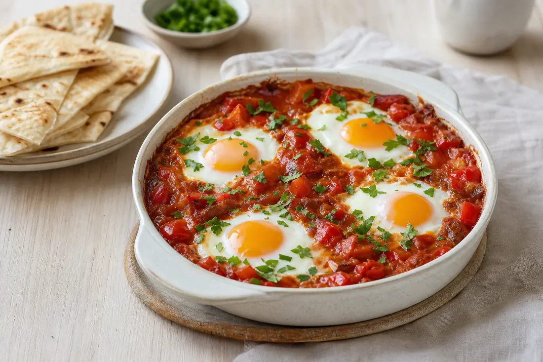 Shakshuka in einer kleinen runden ofenfesten Form mit roter Tomaten-Paprika-Soße und vier Eiern mit gestocktem Eiweiß, mit Petersilie