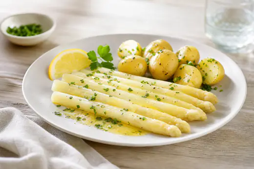 Gegarter weißer Spargel mit zerlassener Butter, Zitrone und Petersilie auf einem weißen Teller, dazu neue Kartoffeln