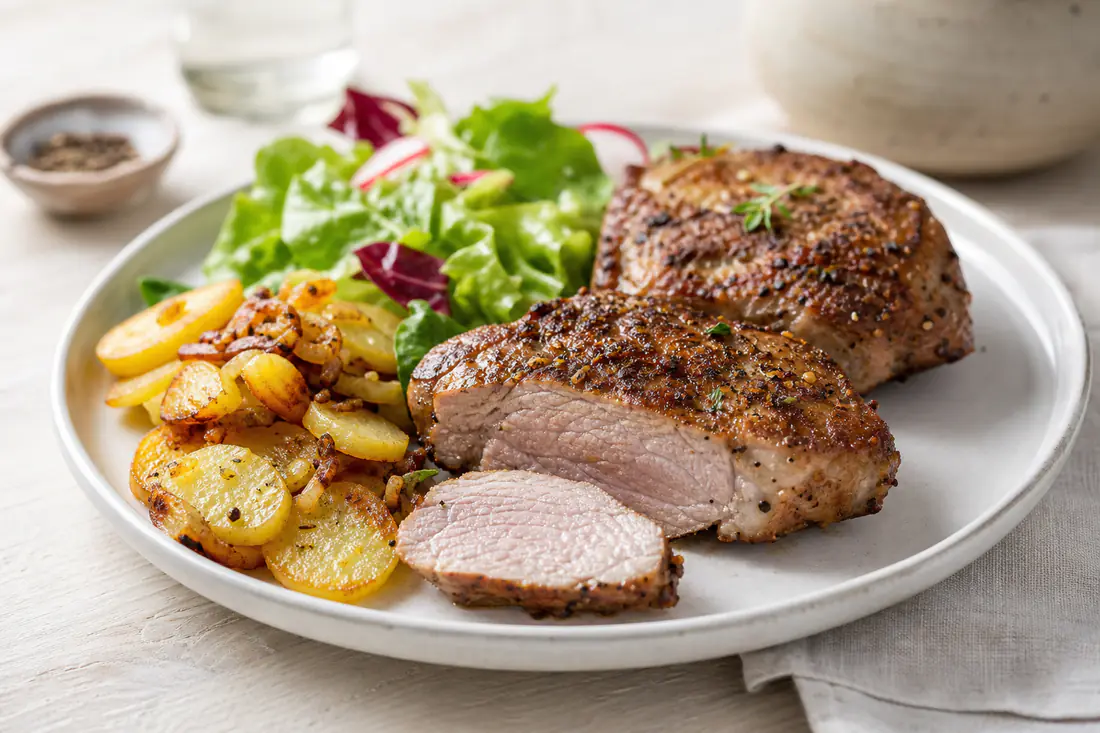 Zwei dicke Schweinenackensteaks mit gebräunter Gewürzkruste auf einem Teller, eines aufgeschnitten, mit Bratkartoffeln und grünem Salat