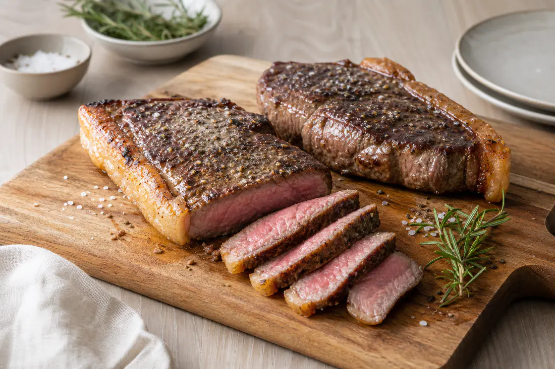 Zwei Rumpsteaks mit Röstkruste und Fettrand, eines aufgeschnitten mit rosa Kern, auf einem Holzbrett mit grobem Salz und Rosmarin