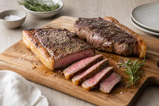 Zwei Rumpsteaks mit Röstkruste und Fettrand, eines aufgeschnitten mit rosa Kern, auf einem Holzbrett mit grobem Salz und Rosmarin
