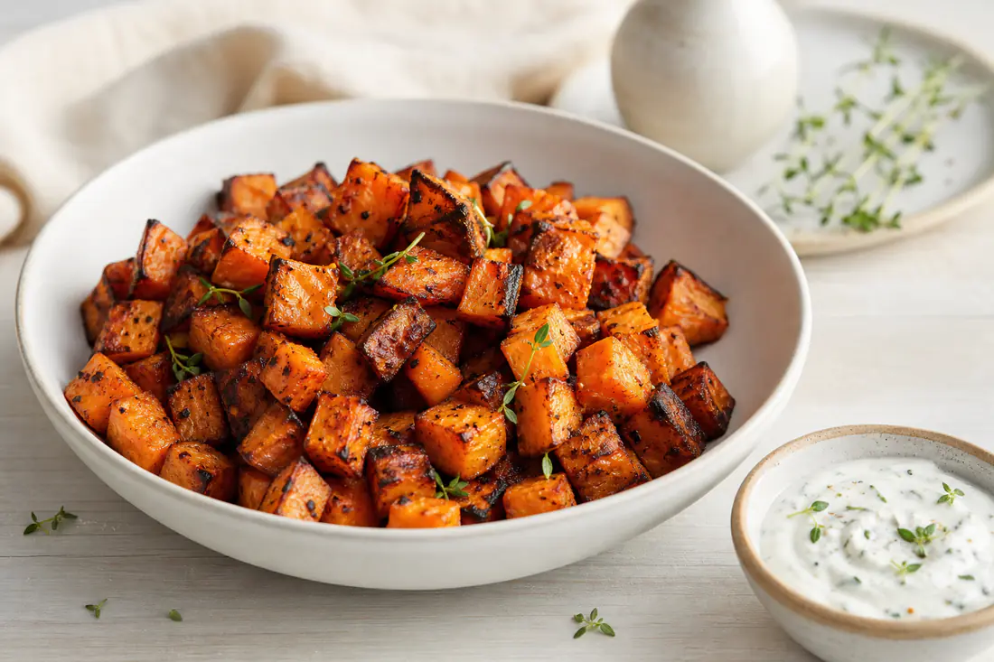 Geröstete Süßkartoffelwürfel mit dunkel karamellisierten Rändern und orangefarbenem Inneren in einer Schüssel, dazu Joghurt-Dip