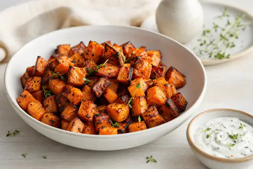 Geröstete Süßkartoffelwürfel mit dunkel karamellisierten Rändern und orangefarbenem Inneren in einer Schüssel, dazu Joghurt-Dip