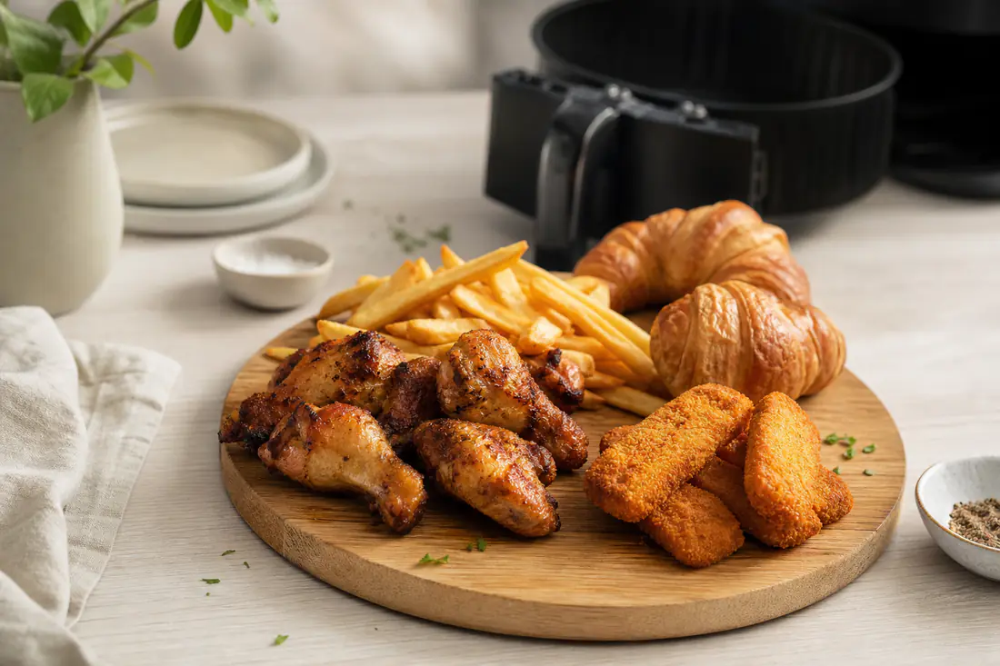 Knusprige Chicken Wings, Pommes, Fischstäbchen und Croissants auf einem Holzbrett, daneben ein Airfryer-Korb