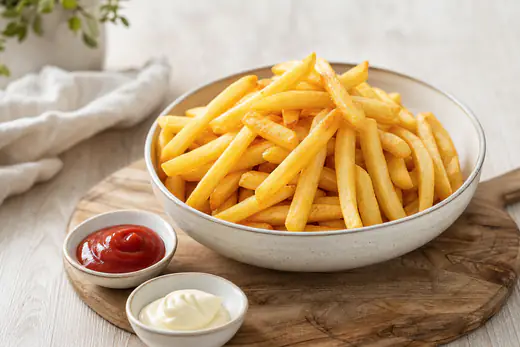 Goldgelbe knusprige gerade geschnittene Pommes in einer Schüssel auf einem Holzbrett, dazu Schälchen mit Ketchup und Mayonnaise