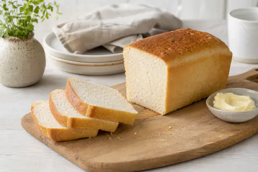 Selbst gebackenes Toastbrot aus der Kastenform, einige Scheiben abgeschnitten und gestapelt, auf einem Holzbrett mit Butter