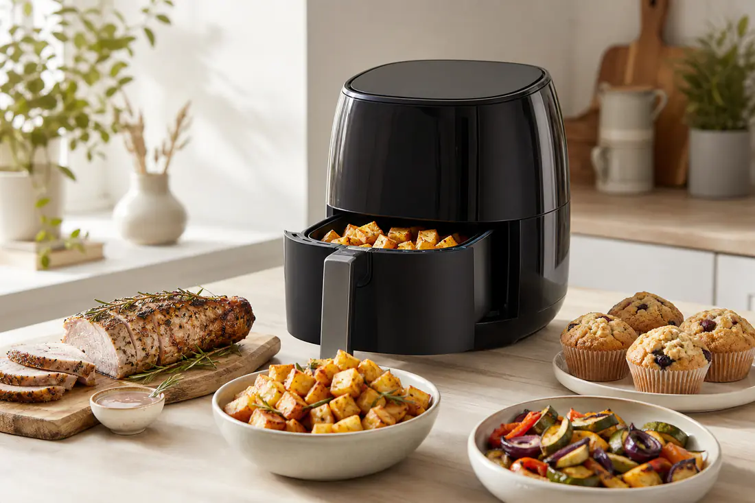 Airfryer auf einer Küchenarbeitsplatte mit Kartoffelwürfeln, Röstgemüse, Schweinebraten und Muffins
