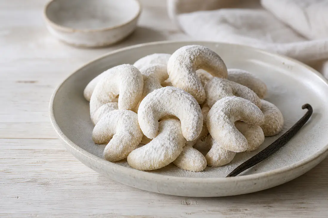 Hufeisenförmige Vanillekipferl dick mit Vanille-Puderzucker bestäubt auf einem Teller, daneben eine Vanilleschote