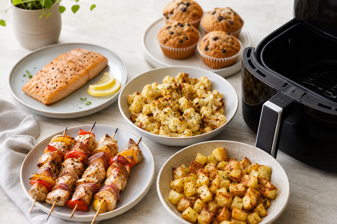 Viele Airfryer-Gerichte von oben mit Hähnchenspieße, Kartoffelwürfel, Blumenkohl, Lachsfilet und Muffins