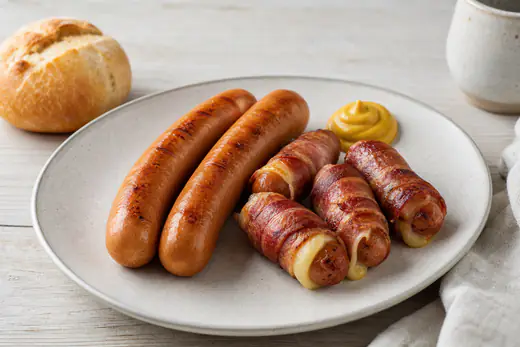 Wiener und Berner Würstchen (mit Käse gefüllt und in Speck gewickelt) auf einem Teller, dazu Senf und ein Brötchen