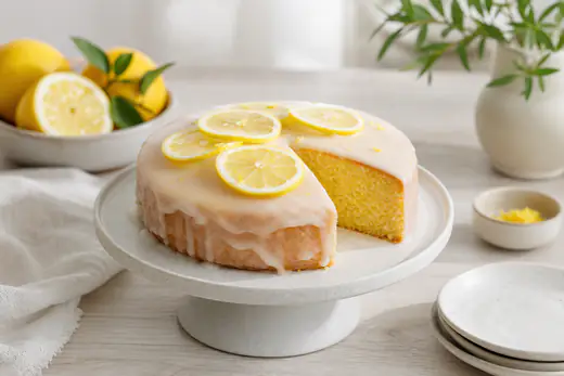 Kleiner runder Zitronenkuchen mit weißem Zuckerguss und dünnen Zitronenscheiben auf einer Tortenplatte, ein Stück angeschnitten