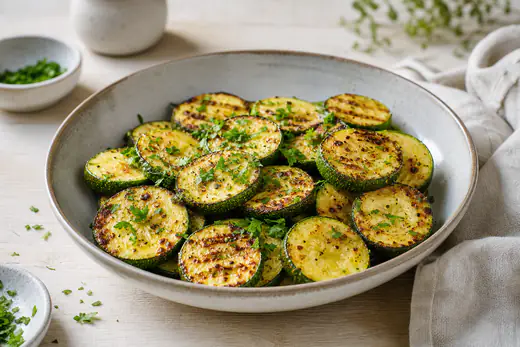 Goldbraun geröstete Zucchinischeiben mit leichten Grillstreifen in einer Schüssel, mit Petersilie bestreut