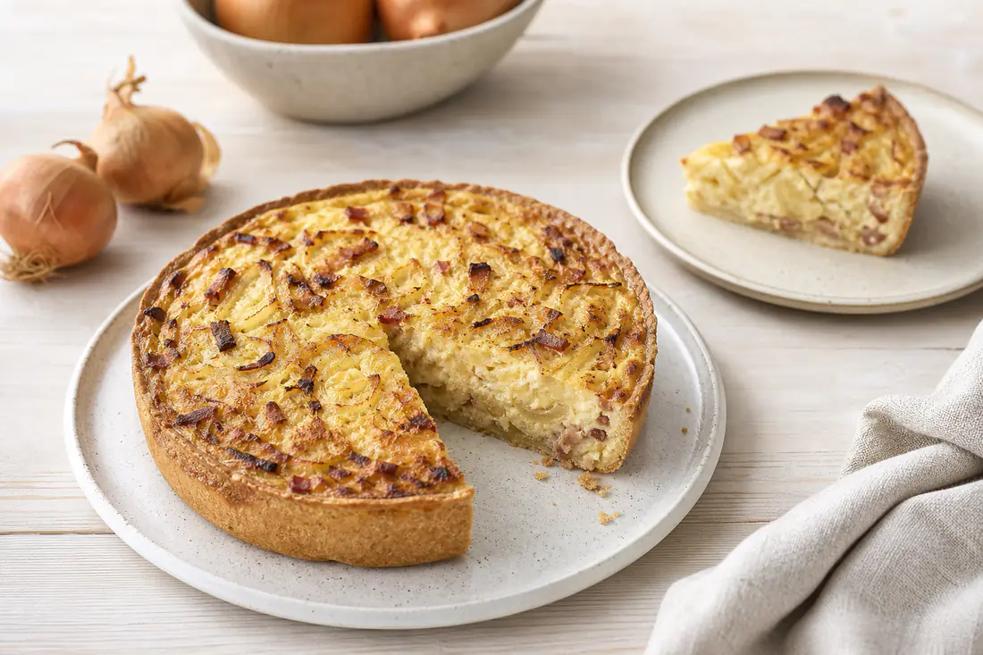 Kleiner runder Zwiebelkuchen mit goldgelbem Guss, Zwiebeln und Speckwürfeln, ein Stück ausgeschnitten und auf einem Teller serviert