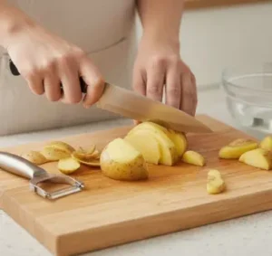 Schälen Sie die Kartoffeln und schneiden Sie sie in gleichmäßige Würfel von etwa 1,5 cm Größe.
