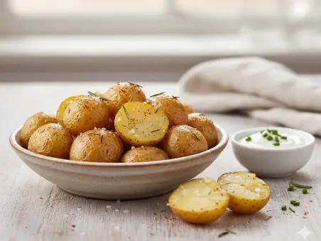 Goldbraune Mini-Kartoffeln, knusprig gebacken, aus der airfryer.